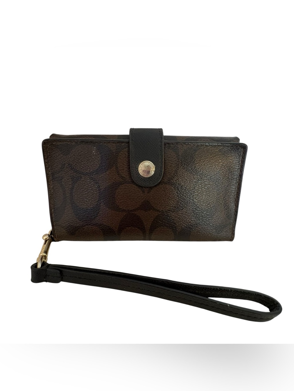 Coach Brown and Black Signature Wristlet compact bifold wallet